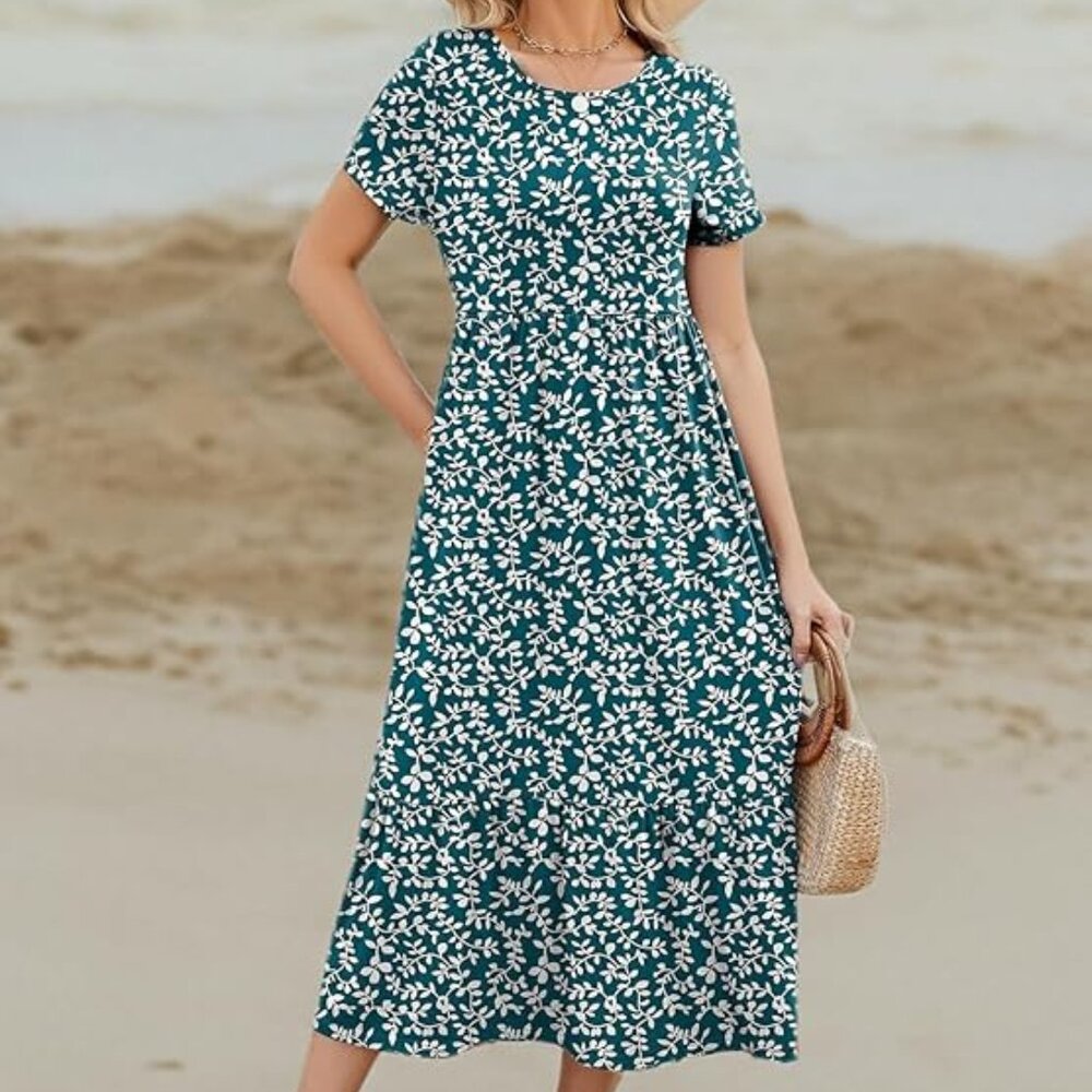 Women's Summer Maxi Dress Casual Short Sleeve Crewneck Flowy Swing size M